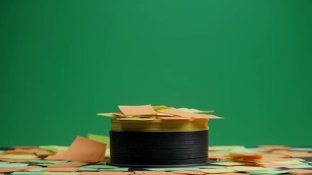 Closeup shot of electronic flashcard carousel ejecting quiz cards with sound effects isolated on green screen for seamless video editing in study aids.