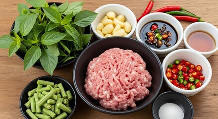 Fresh ingredients for preparing flavorful stir-fry cuisine with minced pork and vegetables on