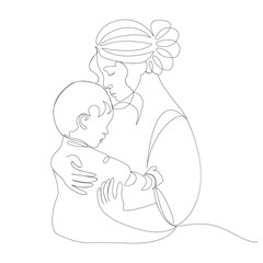 Mother and child embrace in minimalist continuous line art on white background love