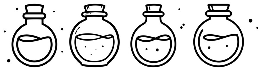 Cute potion bottle lineup with sparkling magic dust – whimsical alchemy doodle banner