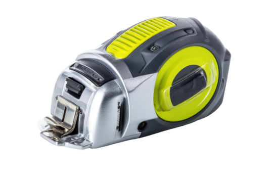 Compact retractable measuring tape, gray and lime green