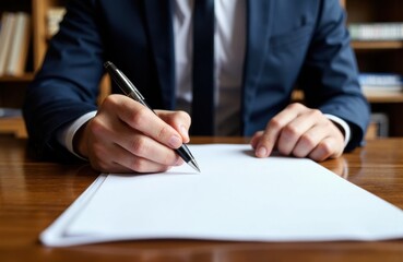 A man in a formal suit writes on a blank sheet of paper at a wooden desk