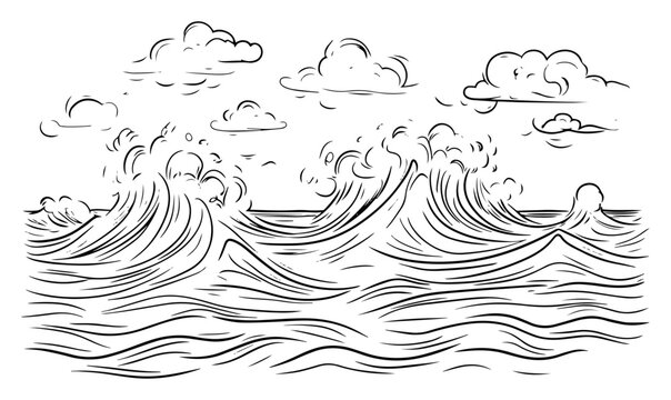 Stormy ocean waves rolling under drifting clouds &mdash; dynamic hand‑drawn seascape sketch
