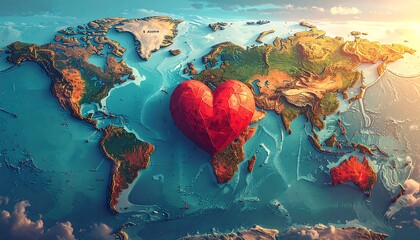 A detailed world map illustration features a large, red, multifaceted heart positioned over the globe, showcasing global unity and love.