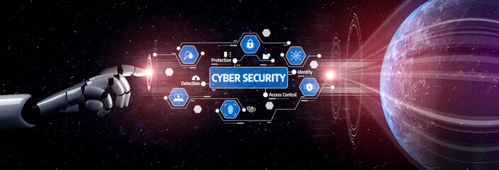 A futuristic robot hand points toward cyber security concepts set in a cosmic backdrop, showcasing data protection, identity management, and access control elements. Tessel
