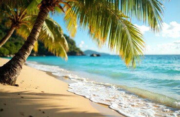 Fototapeta premium Tropical beach with palm trees and clear blue ocean water under a bright sky