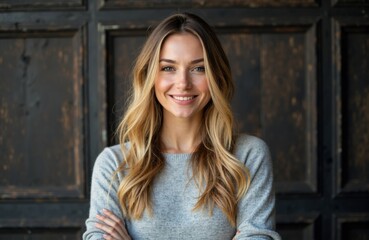 A smiling woman with long wavy hair wearing a light gray sweater stands against a dark wooden background