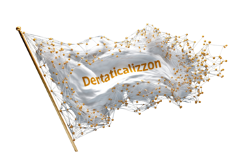 A digitally rendered flag, white with gold lettering, billowing in the wind.  Small, golden-yellow dots and connecting lines form a network pattern across the flag.