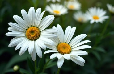 Fototapeta premium White daisies with yellow centers blooming in a garden setting