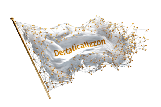 A digitally rendered flag, white with gold lettering, billowing in the wind.  Small, golden-yellow dots and connecting lines form a network pattern across the flag.