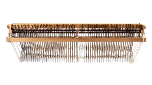 Wooden loom, many threads, intricate design