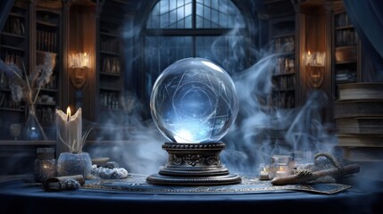 A mystical scene with a glowing crystal ball on display.