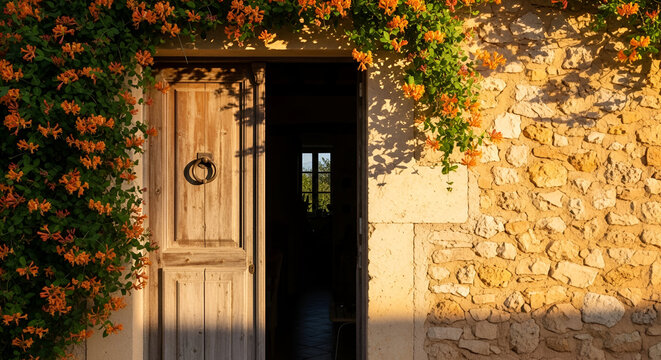 Charming Rustic Door With Orange Blooms Against Sunlit Wall  - Powered by Adobe