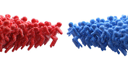 Two opposing masses of tiny figures, red and blue,  in motion