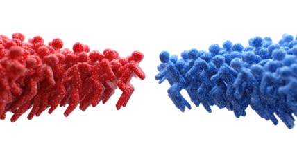 Two opposing masses of tiny figures, red and blue,  in motion