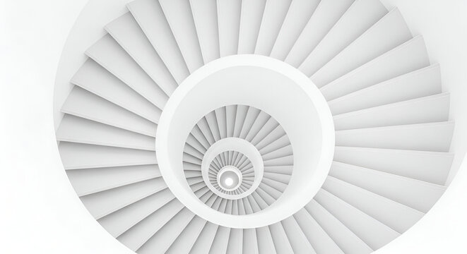White spiral staircase from top view forming perfect geometric pattern.