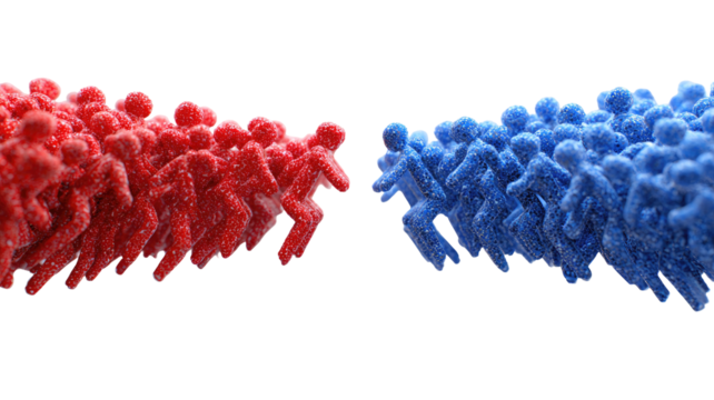 Two opposing masses of tiny figures, red and blue,  in motion