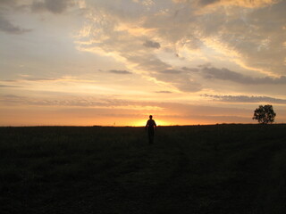 Person walking alone in field during sunset with cloudy sky  