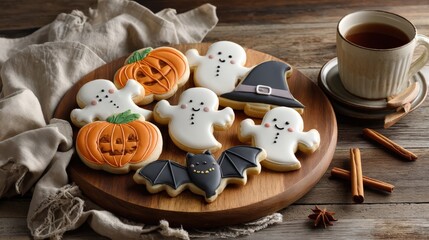 Rustic Halloween kitchen scene with sugar decorations and cozy ambiance.