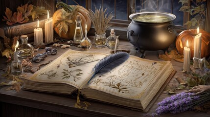 Ancient spellbook still life composition with intricate details and vibrant colors.