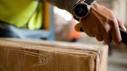 Medium shot of a warehouse worker scanning an RFID tag on a pallet highlighting technologyenhanced tracking in an industrial setting with blurred background. - Powered by Adobe