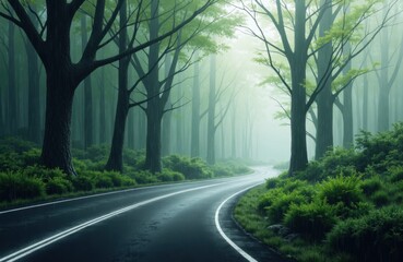 Serene forest scene with winding road surrounded by tall trees and lush greenery