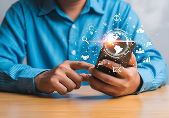 Man using smartphone with digital network and global connection icons overlayed, representing technology and communication