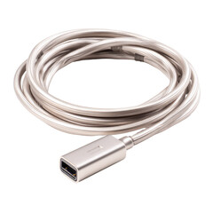 Fototapeta premium Rolled-up, light-grey cable with a metallic connector