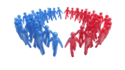 A circular, overlapping group of stylized figures.  Blue and red figures create an intertwined heart shape