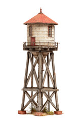 A miniature water tower, light beige/cream colored, sits atop a wooden structure. The tower has a small, red-roofed cupola and a small window.  Wooden support beams create a sturdy base