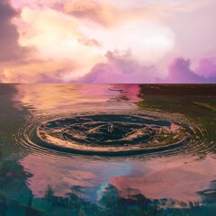 Water droplet ripples on a still lake, vibrant sunset sky reflected