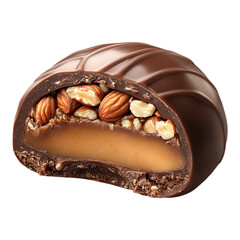 Close up of a chocolate candy with nuts and caramel filling