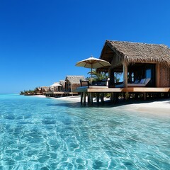 Elegant resort villa terrace with sun loungers beside infinity pool high resolution picture