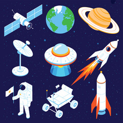 Naklejka premium Space exploration and discovery with planets rockets and astronauts