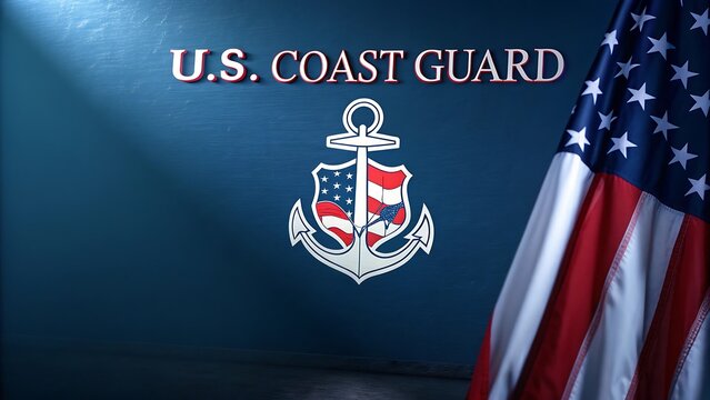 Us coast guard emblem and american flag displayed on a dark background