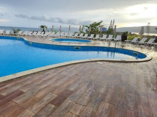 Resort swimming pool on cloudy day in Bulgaria in Balchik