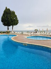 Resort swimming pool on cloudy day in Bulgaria in Balchik