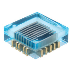 Crystalline, square sensor encased in clear material, showing internal components