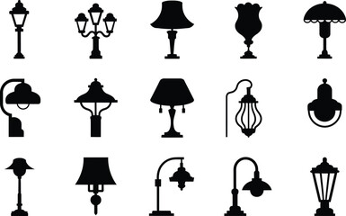 Diverse collection of isolated light fixture silhouettes, featuring classic street and table lamps