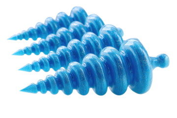 Four turquoise spiral ornaments, sharply pointed ends,  smooth, swirling shapes,  decorative,  glass-like texture