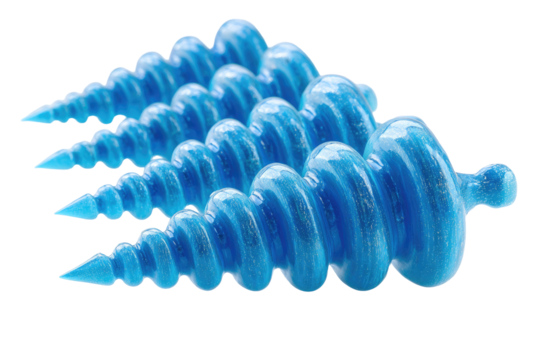 Four turquoise spiral ornaments, sharply pointed ends,  smooth, swirling shapes,  decorative,  glass-like texture