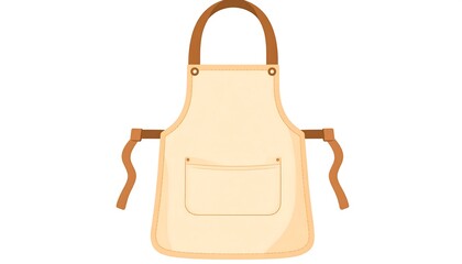 A simple, beige canvas apron with brown leather straps and a single pocket is displayed against a plain white background.