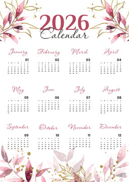 Vector illustration. Calendar 2026 with rose elements. Printable template a4. Week starts on Sunday
