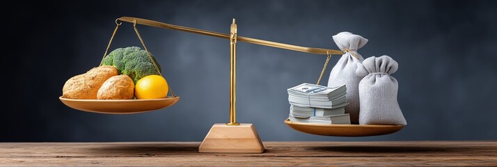 Traditional balance scale with vegetables on one side and stacks of money with a sack on the other, tilting under the weight of currency, symbolizing the rising cost of food and economic imbalance