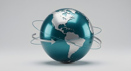 Teal globe with silver continents, spinning with orbiting arrows, representing global connection.