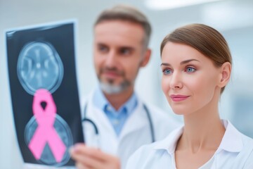 Female doctor and male specialist analyzing brain MRI scan with pink awareness ribbon overlay, in bright clinical setting, symbolizing neurological health, diagnosis and medical awareness