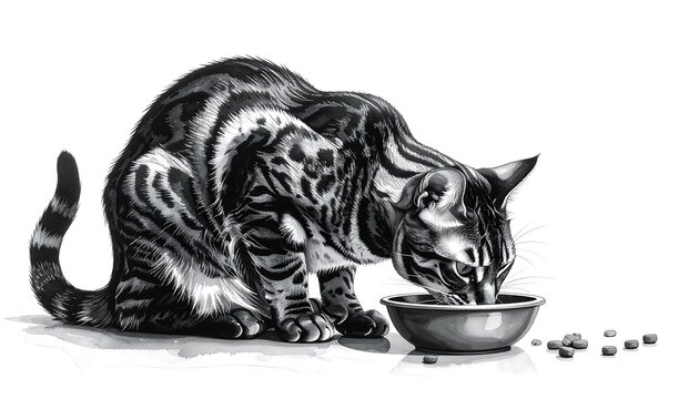 A cat eating from a bowl