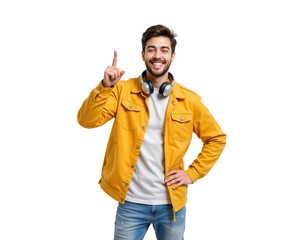 Fototapeta premium Young man with headphones gesturing a positive sign in casual outfit