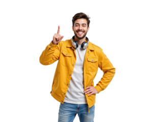 Young man with headphones gesturing a positive sign in casual outfit