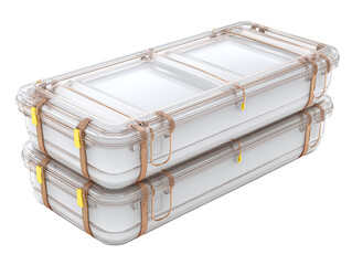 Two stacked, translucent, white storage containers secured with tan straps